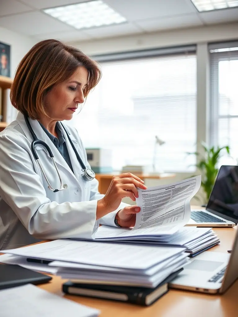 A doctor reviewing a veteran's medical records, with a focus on highlighting key information relevant to disability claims, representing VetNexusMD's Medical Record Review service.
