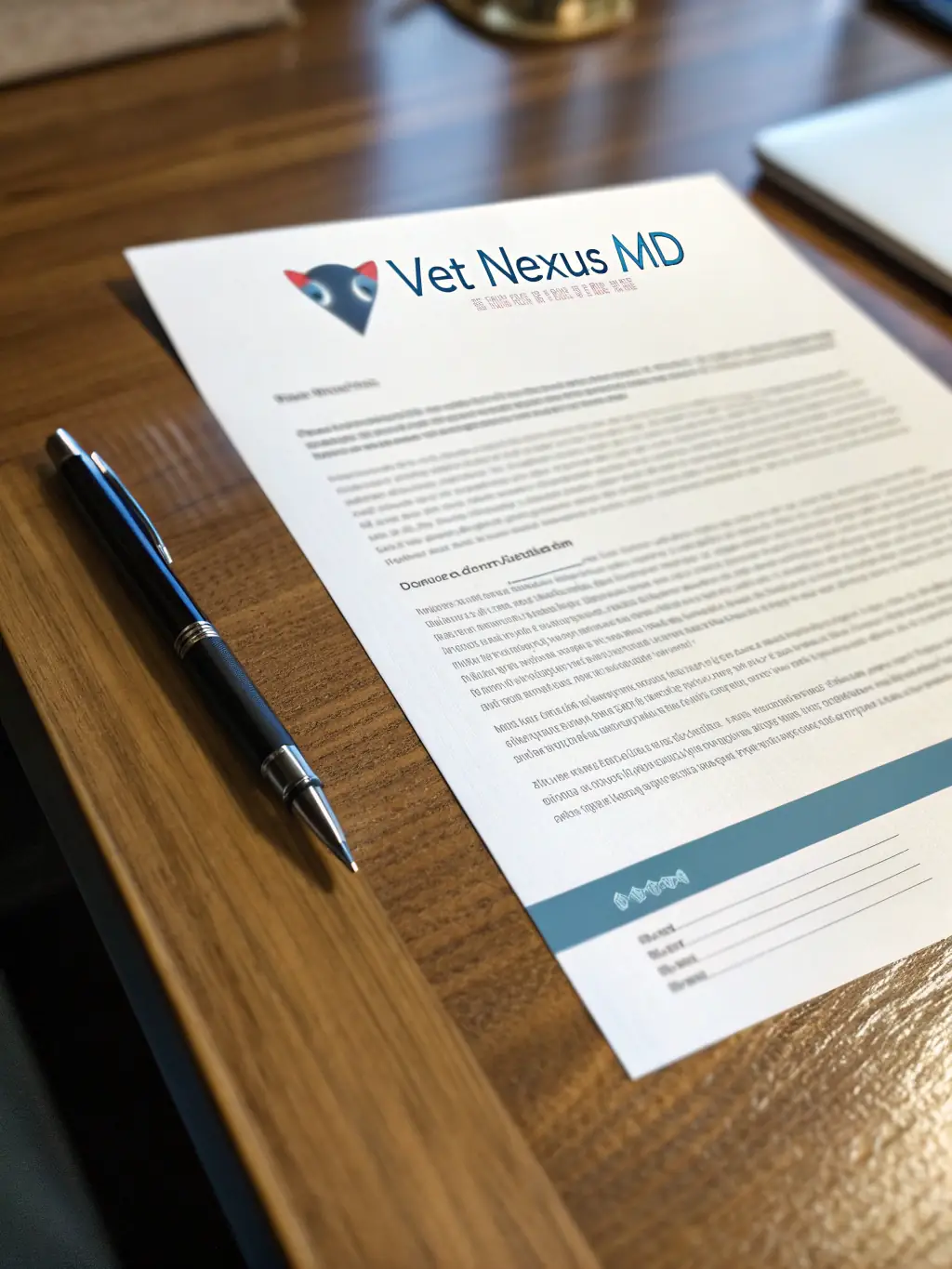 A close-up image of a professionally formatted Nexus Letter, highlighting the official letterhead and medical terminology, in the context of VetNexusMD's services.