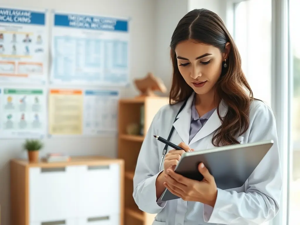 A medical professional reviewing a veteran's medical records with a focused expression, highlighting the thoroughness of the review process.